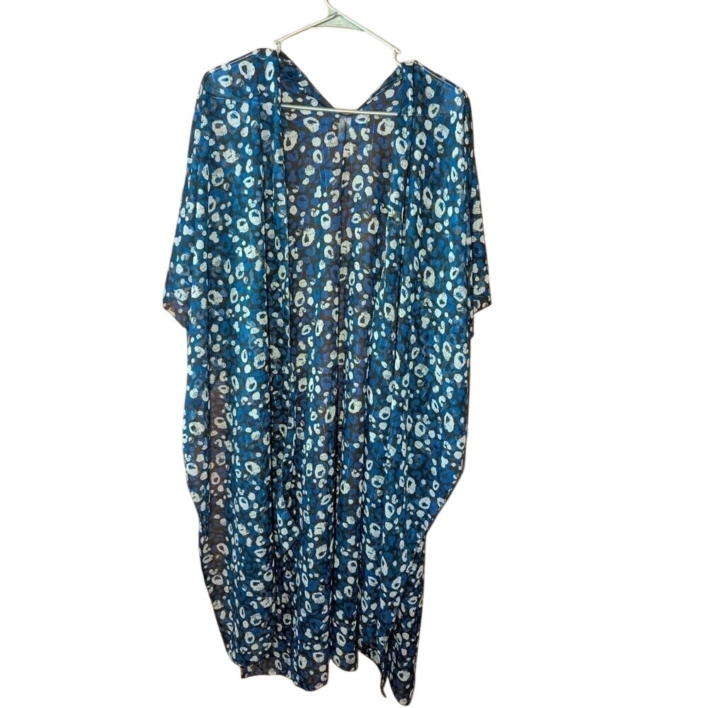 EST. 1946 Blue‎ Abstract Leopard Print Metallic Sheer Open Front Kimono One Size
